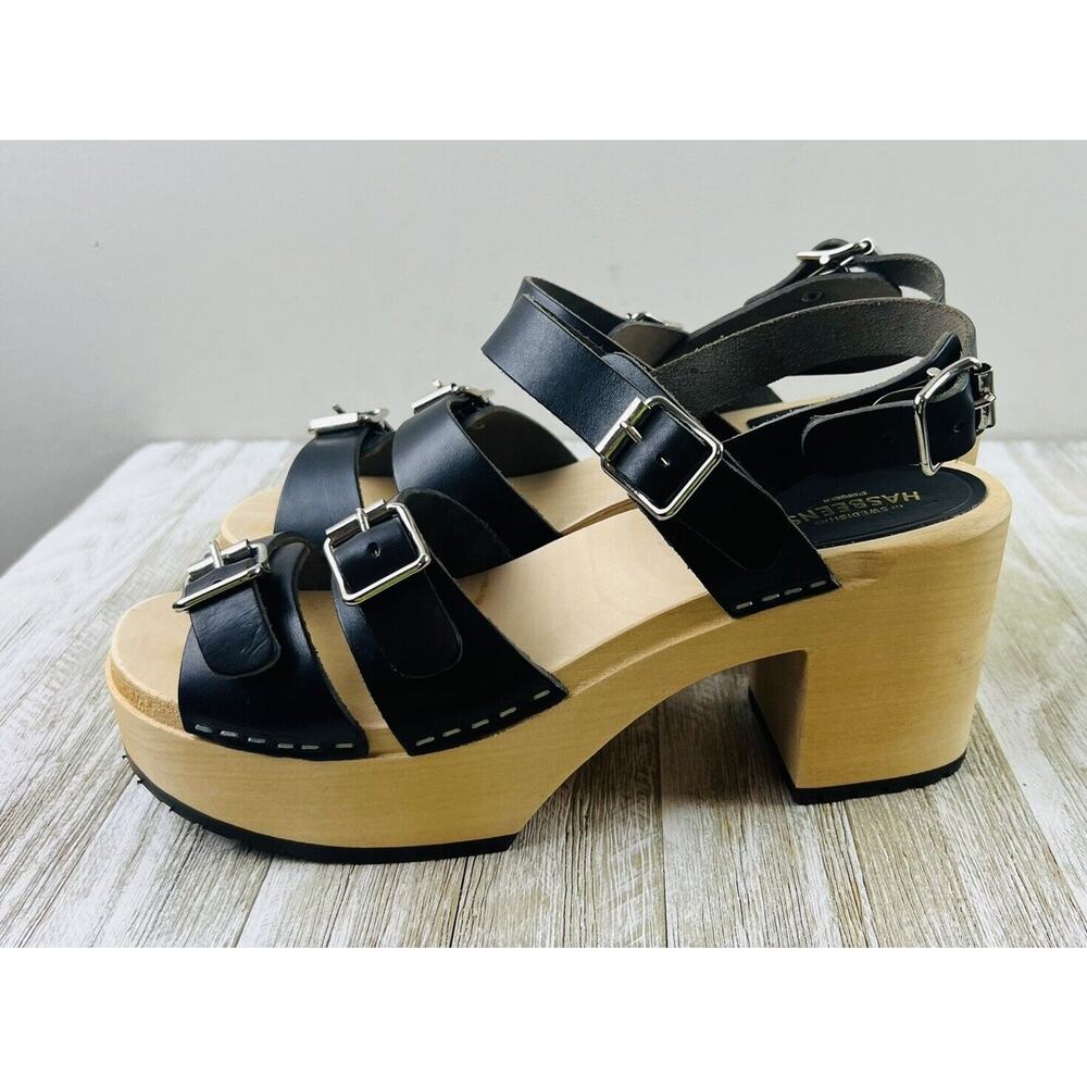 Swedish Hasbeens Sandals Chunky Black Leather Women's Size 40 US 10 worn once!